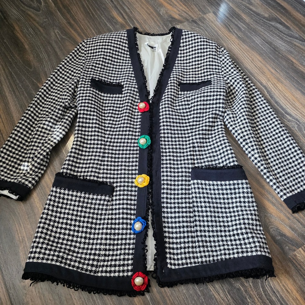 J.M. Shelli Segal Houndstooth Longline Blazer Jacket Pearl Crochet Buttons 14
